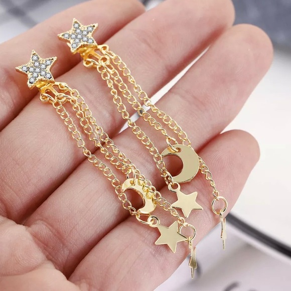 Gold & Crystal Star & Moon Tassel Chain Earrings - Picture 6 of 7
